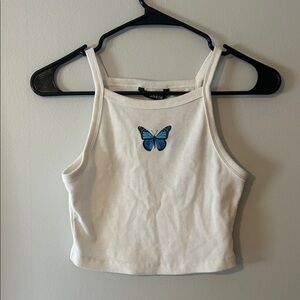SHEIN White Tank Top with Blue Butterfly